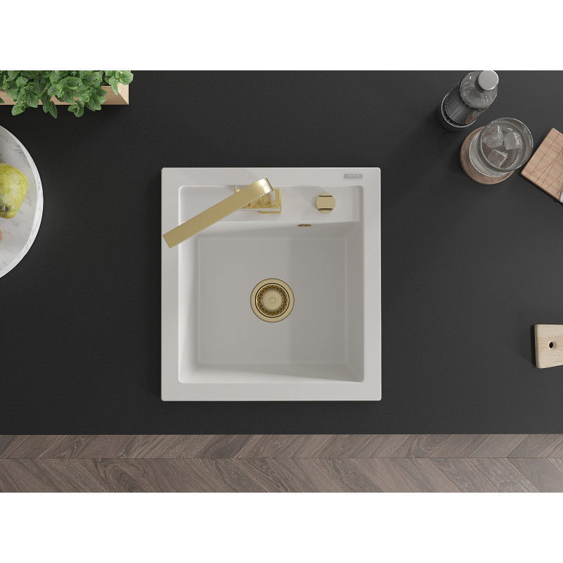 Mexen Vito 1-bowl granite sink with Rita kitchen tap, white - 6503-20-670300-50