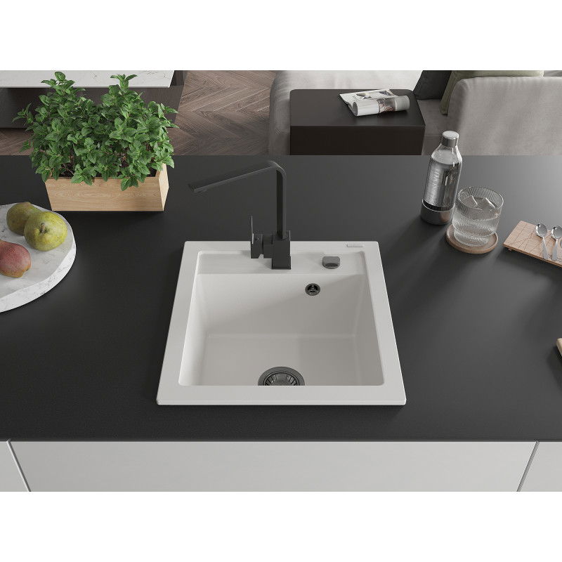 Mexen Vito granite sink 1-bowl with kitchen tap Rita, white - 6503-20-670300-70
