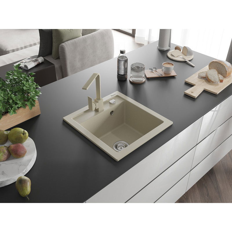 Mexen Vito single bowl granite sink with Rita kitchen mixer, beige - 6503-69-670300-69