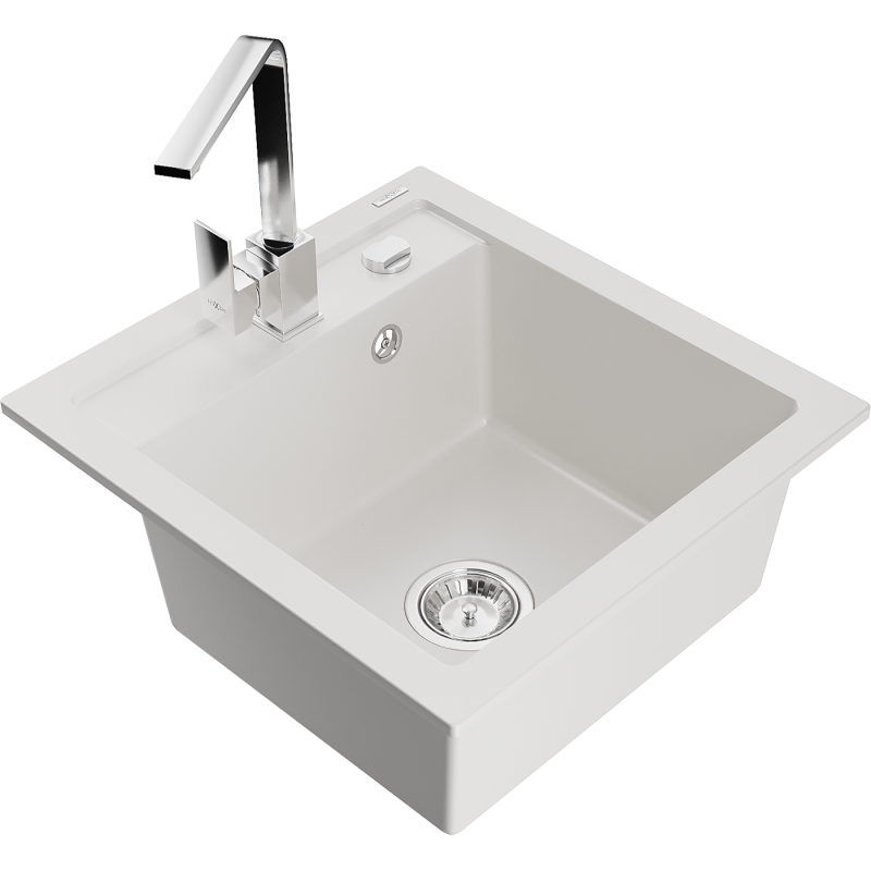 Mexen Vito 1-bowl granite sink with Rita kitchen tap, white - 6503-20-670300-00