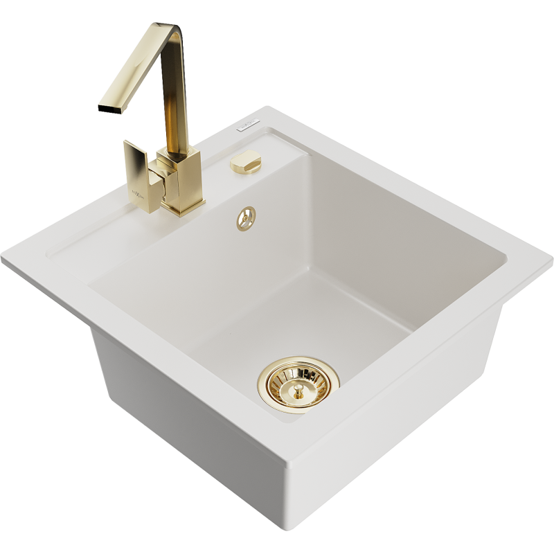 Mexen Vito 1-bowl granite sink with Rita kitchen tap, white - 6503-20-670300-50