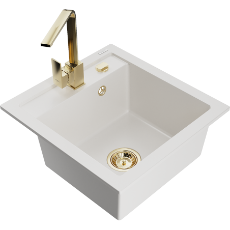 Mexen Vito granieten gootsteen 1-kompartment met keukenkraan Rita, wit - 6503-20-670300-50