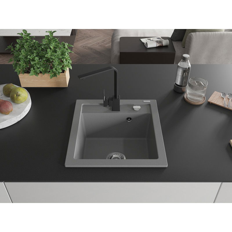 Mexen Vito 1-bowl granite sink with Rita kitchen tap, grey - 6503-71-670300-70