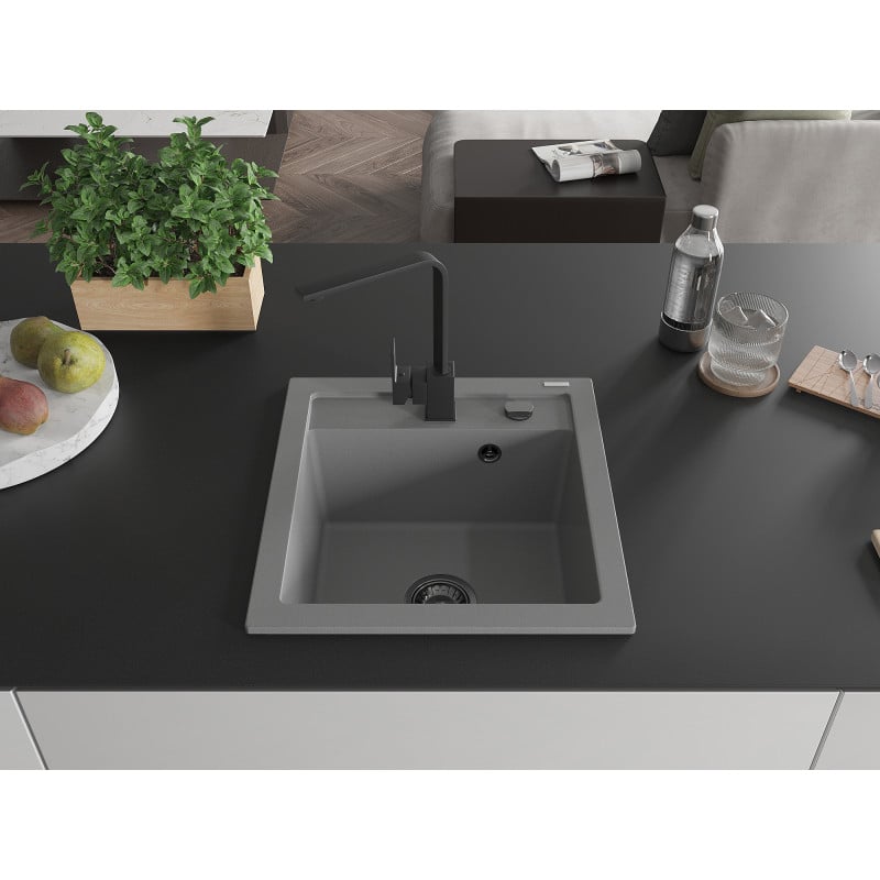 Mexen Vito Granite Sink 1-Bowl with Rita Kitchen Tap, Grey - 6503-71-670300-70-B