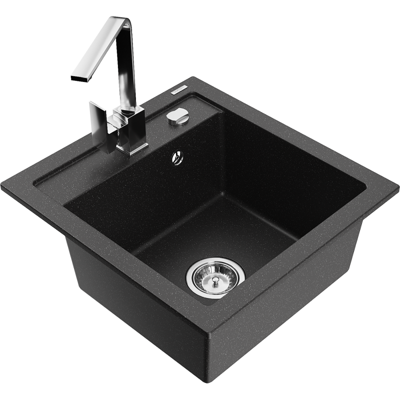 Mexen Vito Graniittinen keittiöallas, 1-allas, keittiöhanalla Rita, musta/hopeametalli - 6503-73-670300-00