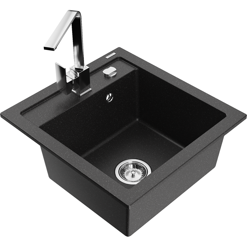 Mexen Vito lavello in granito a 1 vasca con rubinetto da cucina Rita, nero/argento metallico - 6503-73-670300-00