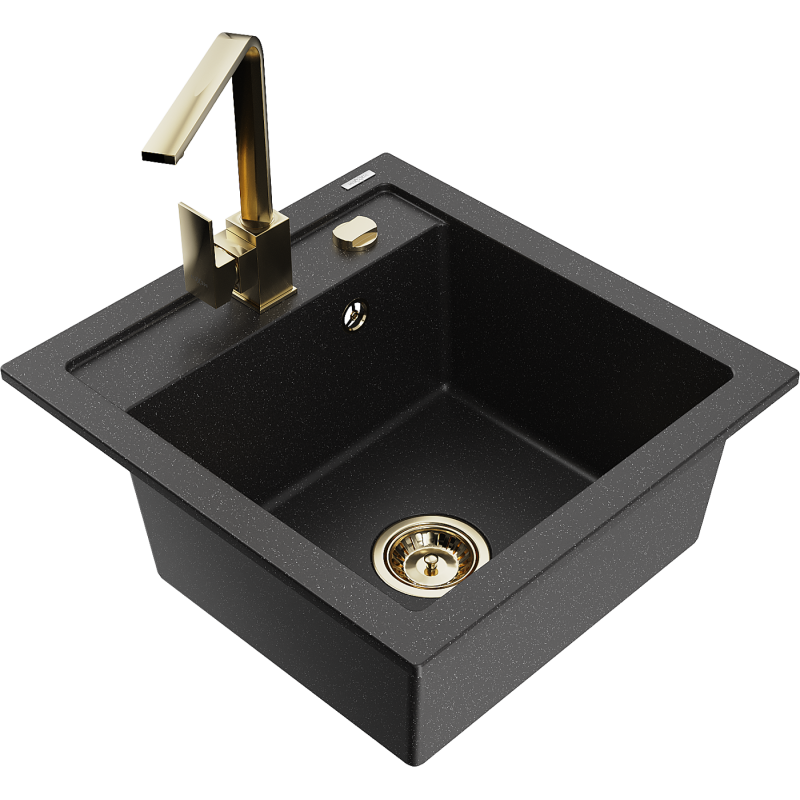 Mexen Vito fregadero de granito de 1 cubeta con grifo de cocina Rita, negro/metálico plateado - 6503-73-670300-50