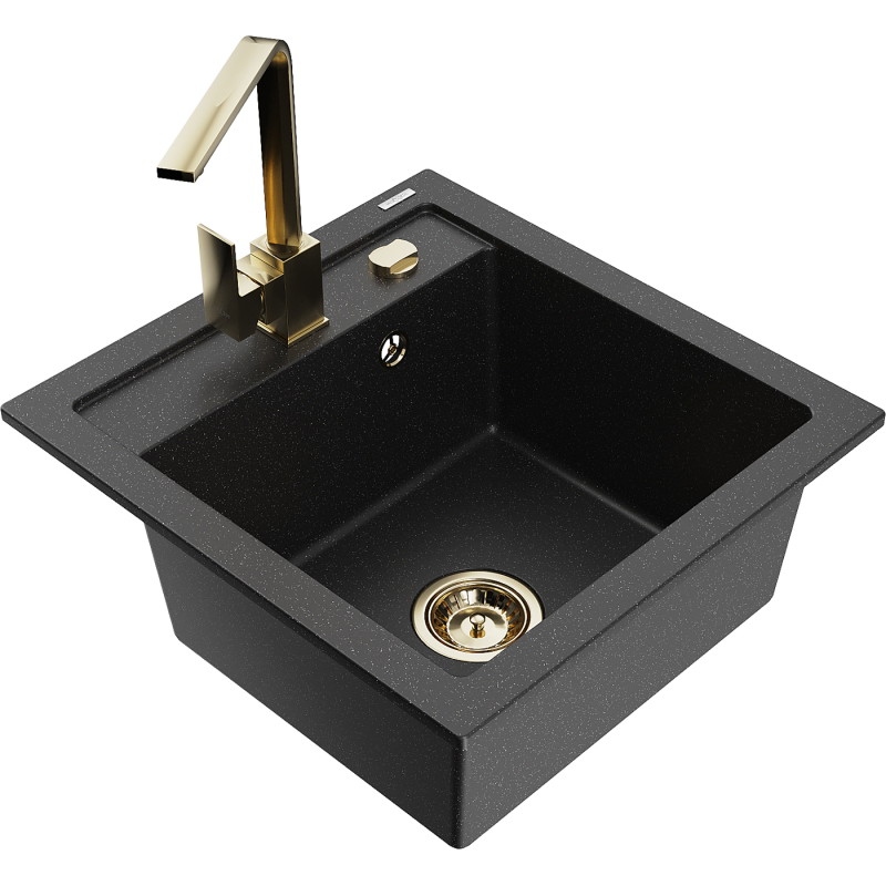 Mexen Vito fregadero de granito de 1 seno con grifo de cocina Rita, negro/metálico plateado - 6503-73-670300-50