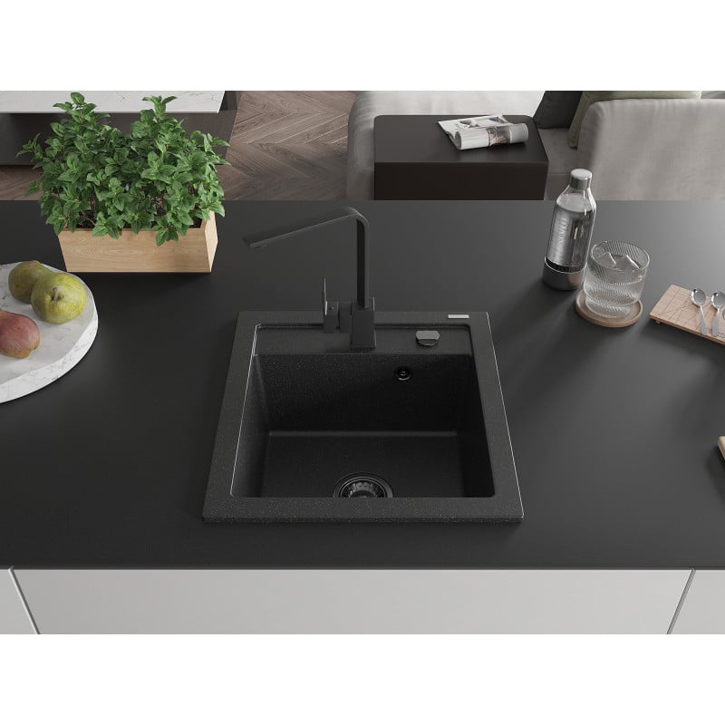 Mexen Vito 1-bowl granite kitchen sink with Rita kitchen tap, black/silver metallic - 6503-73-670300-70-B