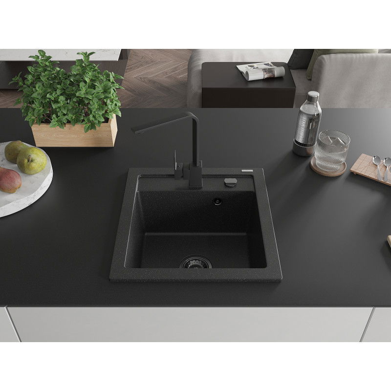 Mexen Vito lavello in granito a 1 vasca con miscelatore da cucina Rita, nero/metallico argento - 6503-73-670300-70-B