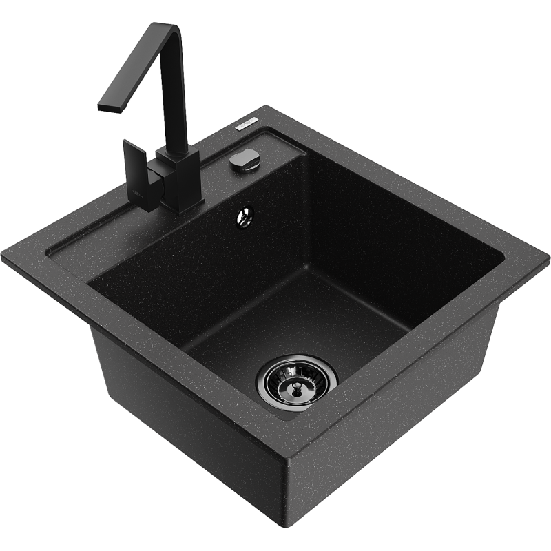 Mexen Vito lavello in granito a 1 vasca con miscelatore da cucina Rita, nero/metallico argento - 6503-73-670300-70-B