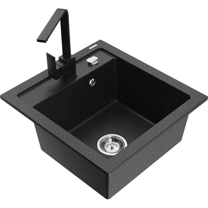 Mexen Vito fregadero de granito de 1 cubeta con grifo de cocina Rita, negro/plata metálico - 6503-73-670300-70