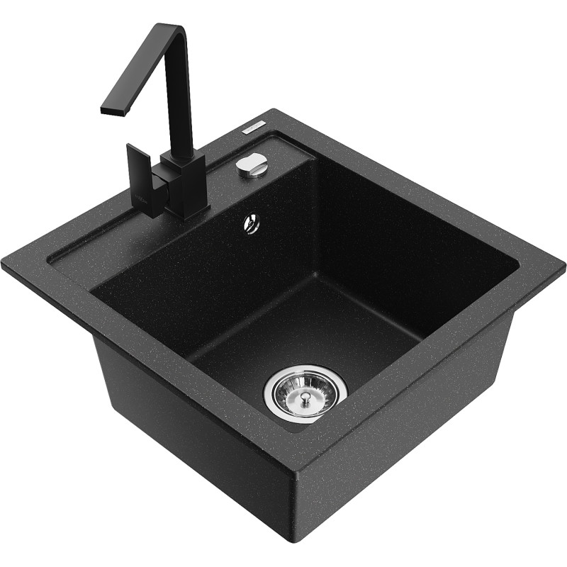 Mexen Vito fregadero de granito de 1 seno con grifo de cocina Rita, negro/metálico plateado - 6503-73-670300-70