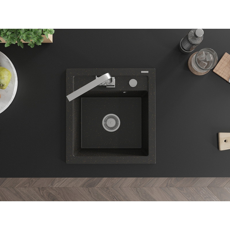 Mexen Vito granit keukenwastafel met 1 bak en Rita keukenkraan, zwart/goud metallic - 6503-75-670300-00
