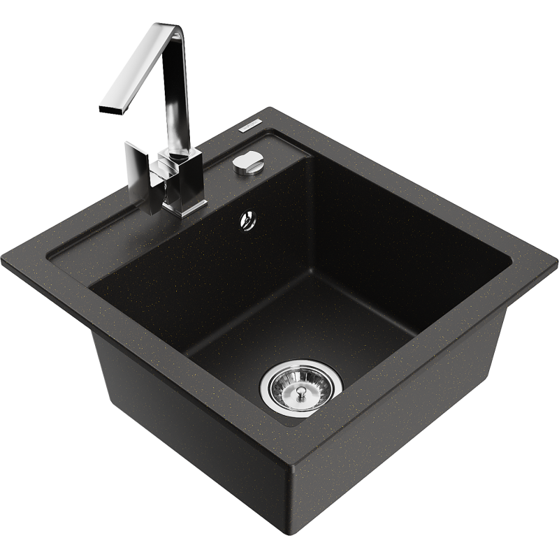 Mexen Vito 1-bowl granite sink with Rita kitchen tap, black/gold metallic - 6503-75-670300-00