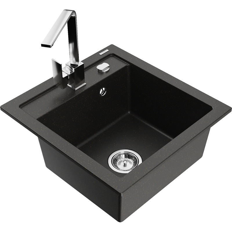 Mexen Vito fregadero de granito de 1 compartimento con grifo de cocina Rita, negro/oro metálico - 6503-75-670300-00