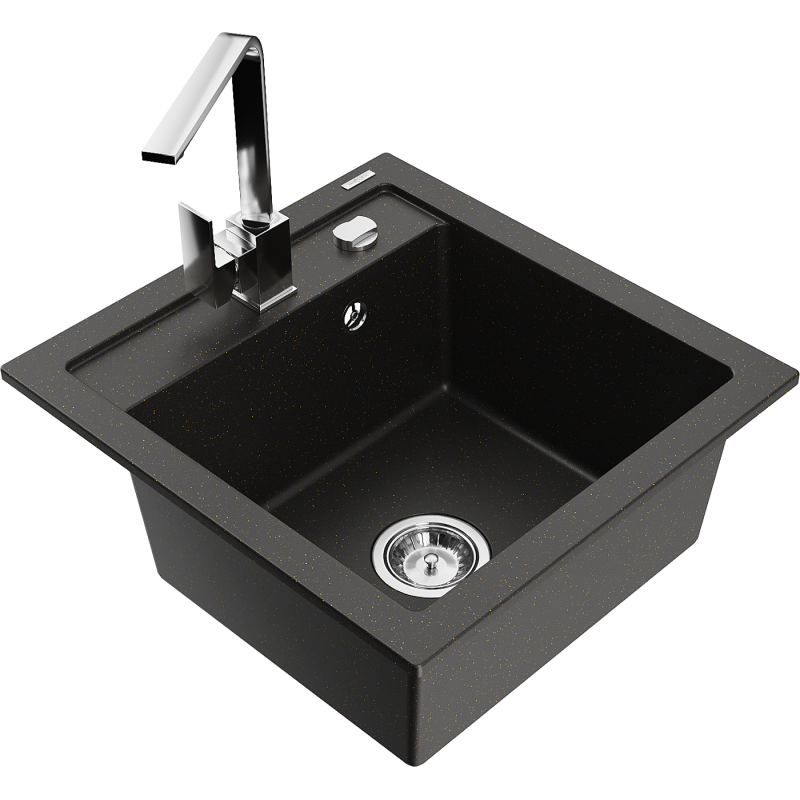 Mexen Vito fregadero de granito de 1 seno con grifo de cocina Rita, negro/dorado metálico - 6503-75-670300-00