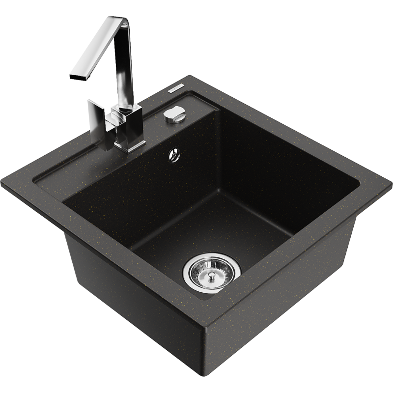 Mexen Vito lavello in granito a 1 vasca con rubinetto da cucina Rita, nero/oro metallico - 6503-75-670300-00