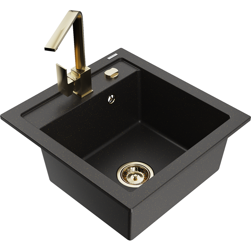 Mexen Vito fregadero de granito de 1 seno con grifo de cocina Rita, negro/dorado metálico - 6503-75-670300-50