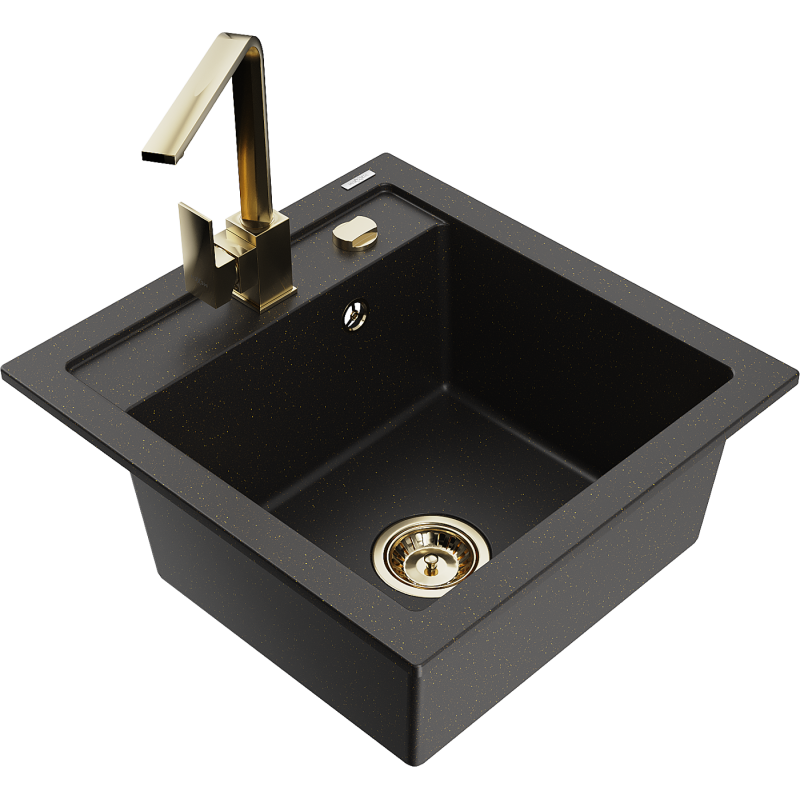 Mexen Vito granieten spoelbak met 1 bak en Rita keukenmengkraan, zwart/gouden metallic - 6503-75-670300-50