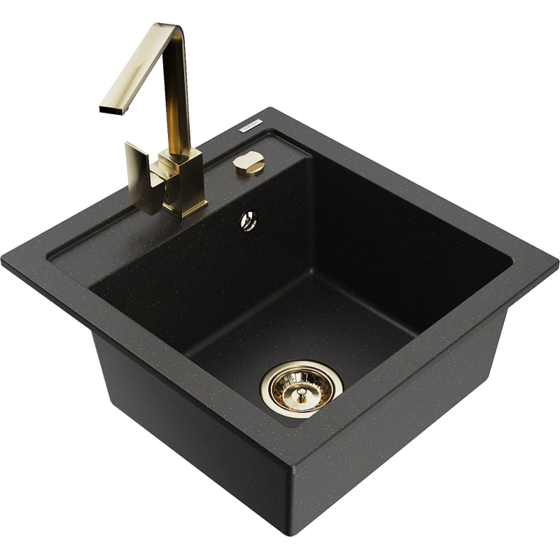 Mexen Vito granite kitchen sink 1-bowl with Rita kitchen faucet, black/gold metallic - 6503-75-670300-50