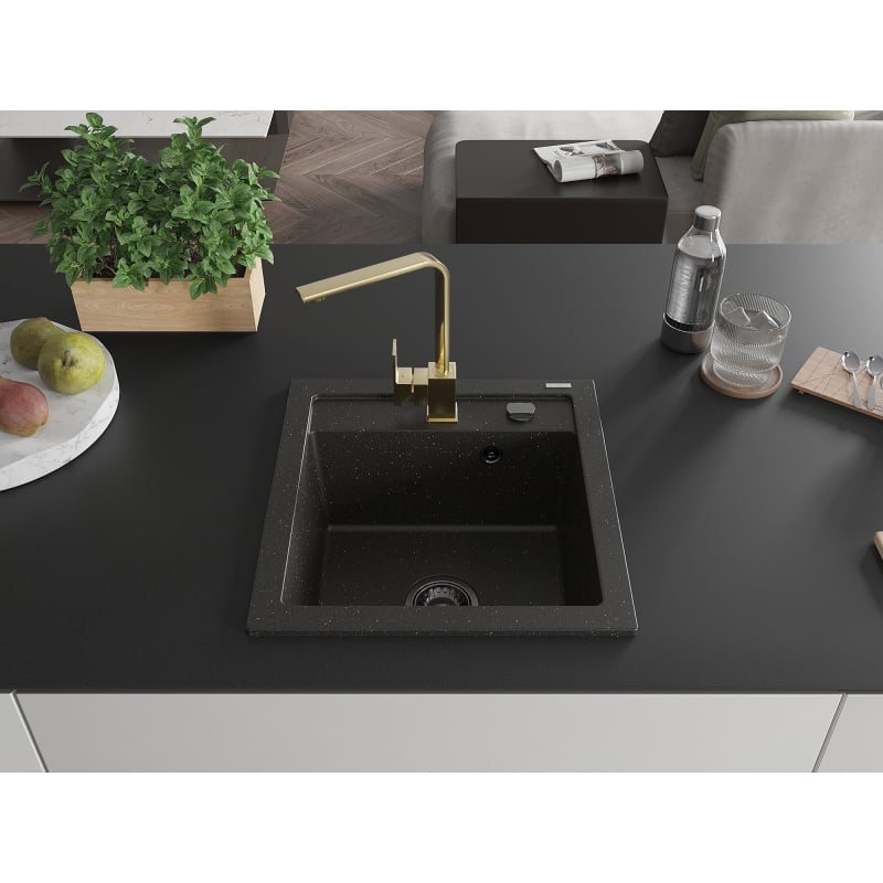 Mexen Vito 1-bowl granite sink with Rita kitchen faucet, black/gold metallic - 6503-75-670300-50-B