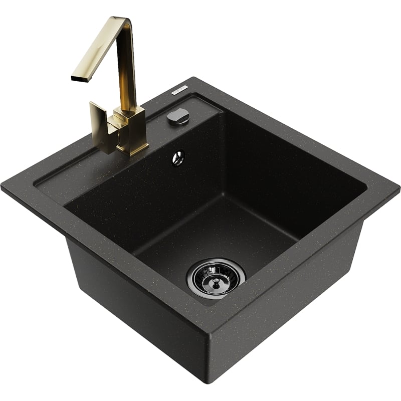 Mexen Vito 1-bowl granite sink with Rita kitchen faucet, black/gold metallic - 6503-75-670300-50-B