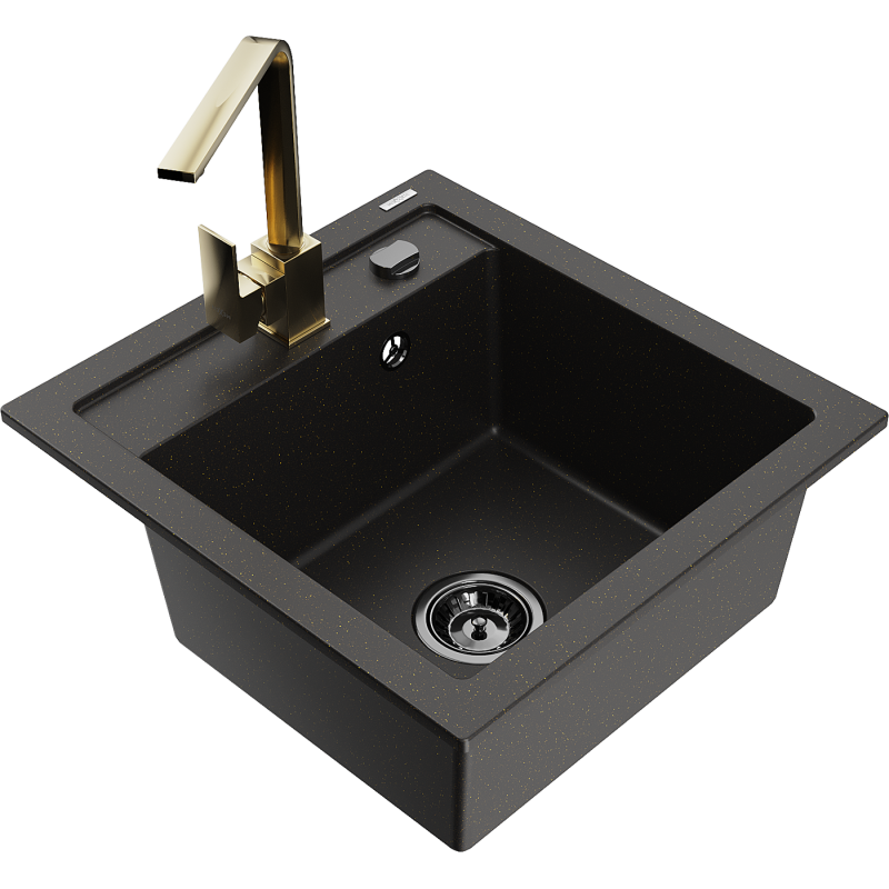 Mexen Vito granieten gootsteen met 1 kom en keukenmengkraan Rita, zwart/goud metallic - 6503-75-670300-50-B