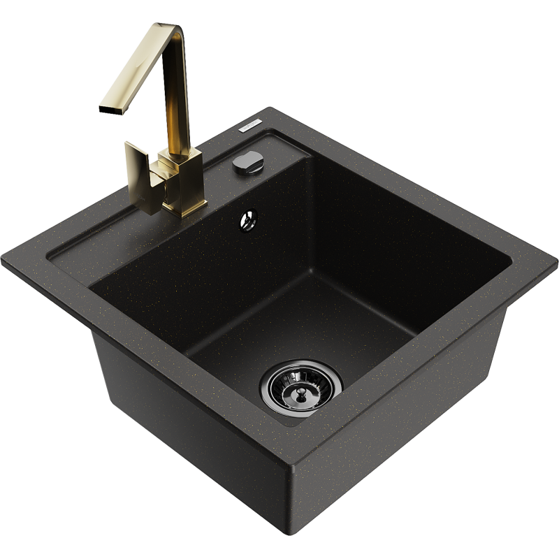 Mexen Vito Granitspüle 1-Becken mit Küchenarmatur Rita, schwarz/gold metallic - 6503-75-670300-50-B