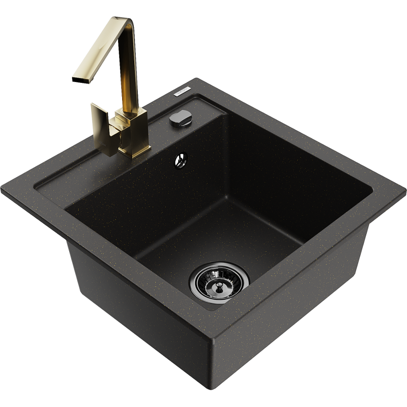 Mexen Vito lava-loiça de granito com 1 cuba com torneira de cozinha Rita, preto/dourado metálico - 6503-75-670300-50-B