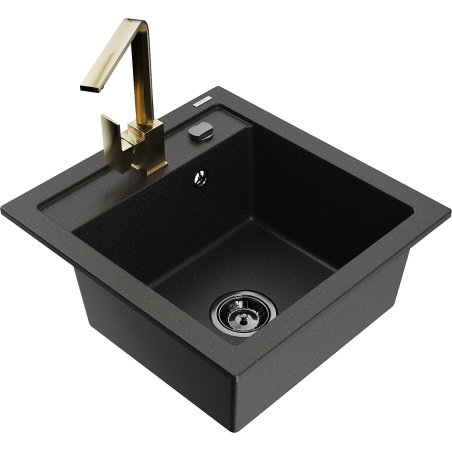 Mexen Vito Granitspüle 1-Becken mit Küchenarmatur Rita, schwarz/gold metallic - 6503-75-670300-50-B
