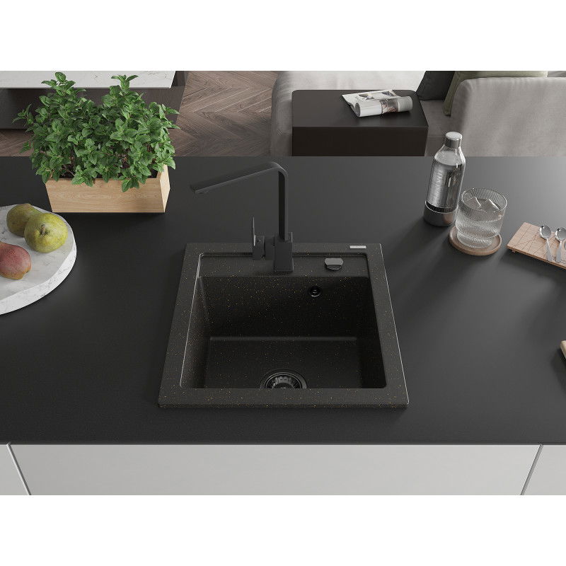Mexen Vito Granitspüle 1-beckig mit Küchenarmatur Rita, Schwarz/Gold Metallic - 6503-75-670300-70-B