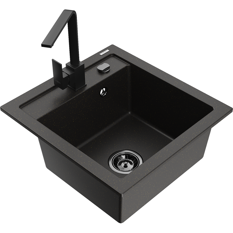 Mexen Vito granieten spoelbak 1-komorige met keukenmengkraan Rita, zwart/goud metallic - 6503-75-670300-70-B