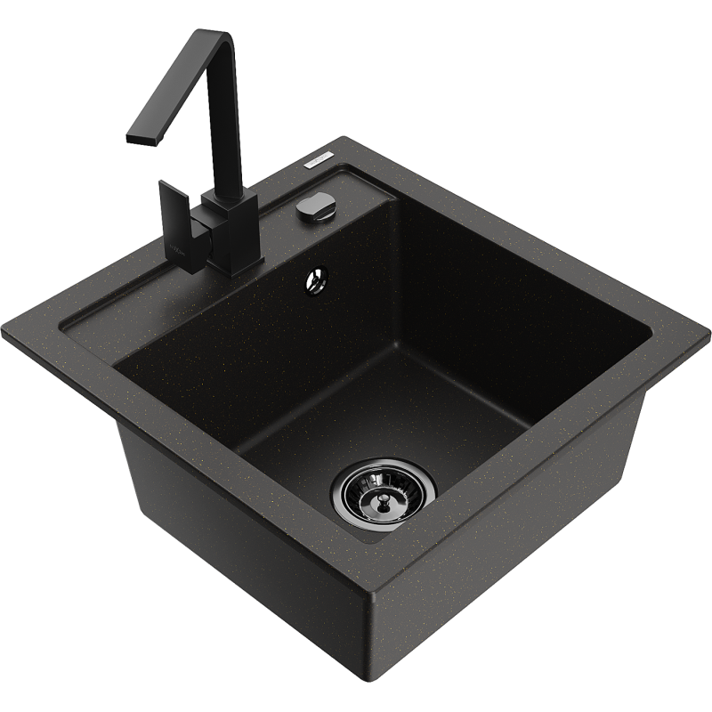 Mexen Vito lavello in granito 1-vasca con miscelatore da cucina Rita, nero/oro metallico - 6503-75-670300-70-B