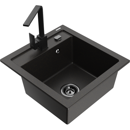 Mexen Vito fregadero de granito de 1 cubeta con grifo de cocina Rita, negro/oro metálico - 6503-75-670300-70-B