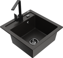 Mexen Vito granite kitchen sink single bowl with Rita kitchen faucet, black/gold metallic - 6503-75-670300-70-B