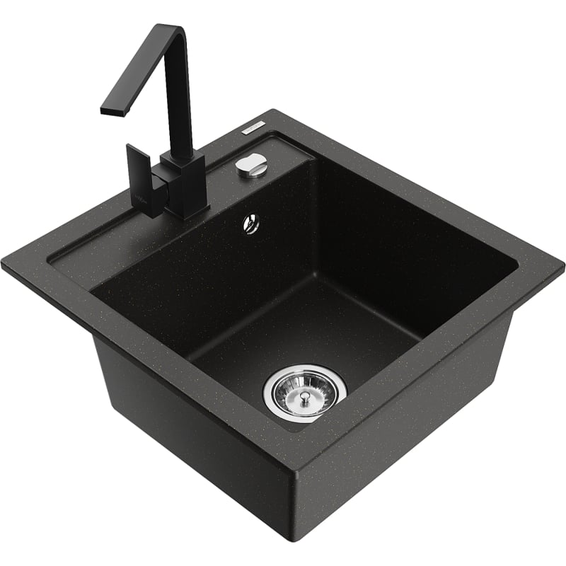 Mexen Vito 1-Bowl Granite Sink with Rita Kitchen Faucet, Black/Gold Metallic - 6503-75-670300-70