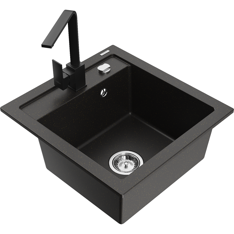 Mexen Vito fregadero de granito de 1 cubeta con grifo de cocina Rita, negro/dorado metálico - 6503-75-670300-70