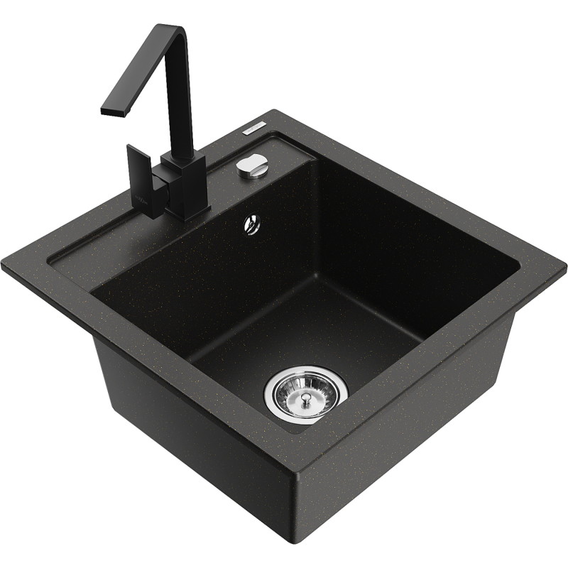 Mexen Vito fregadero de granito de 1 seno con grifo de cocina Rita, negro/dorado metálico - 6503-75-670300-70