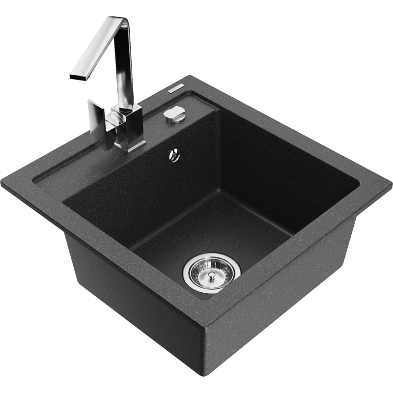 Mexen Vito granite sink 1-bowl with kitchen tap Rita, black speckled - 6503-76-670300-00