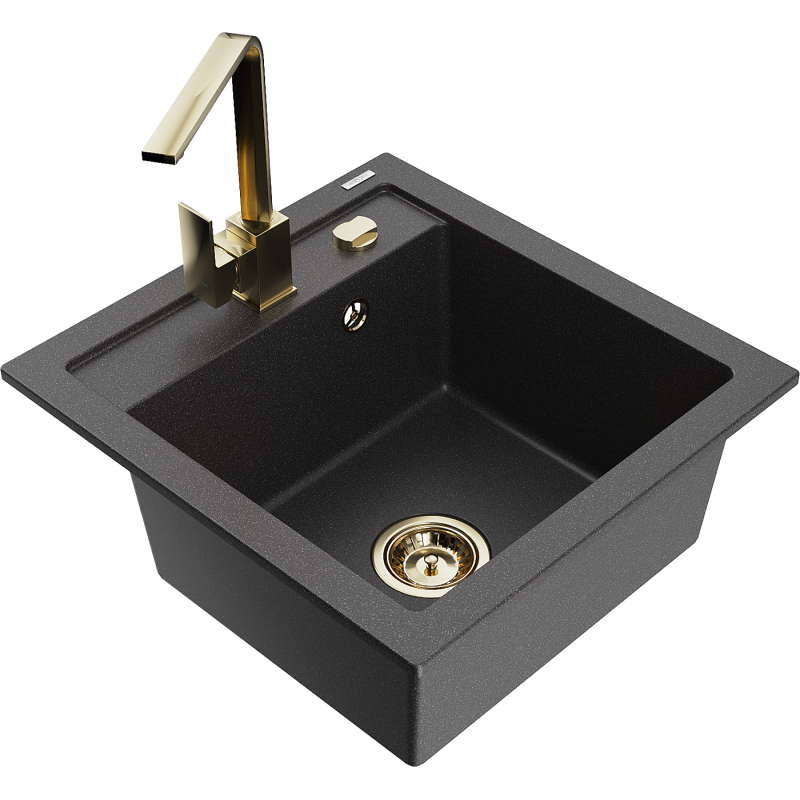 Mexen Vito 1-Bowl Granite Sink with Rita Kitchen Tap, Speckled Black - 6503-76-670300-50