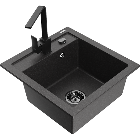 Mexen Vito granite sink with 1 bowl and Rita kitchen tap, black speckled - 6503-76-670300-70-B