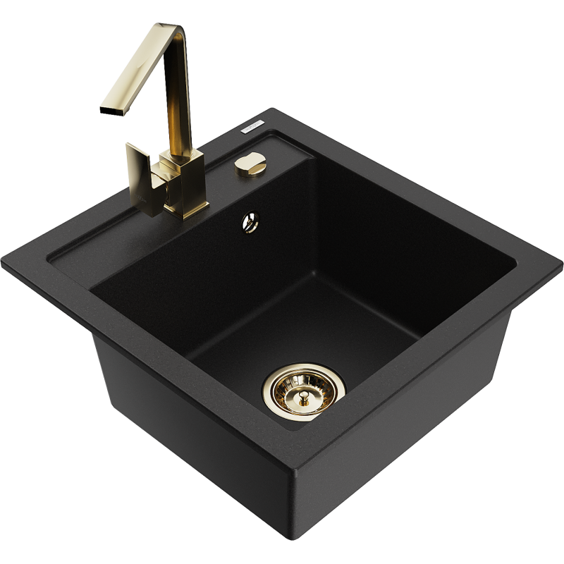 Mexen Vito granite kitchen sink 1-bowl with Rita kitchen tap, black - 6503-77-670300-50