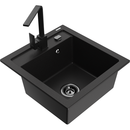 Mexen Vito 1-bowl granite kitchen sink with Rita mixer tap, black - 6503-77-670300-70-B