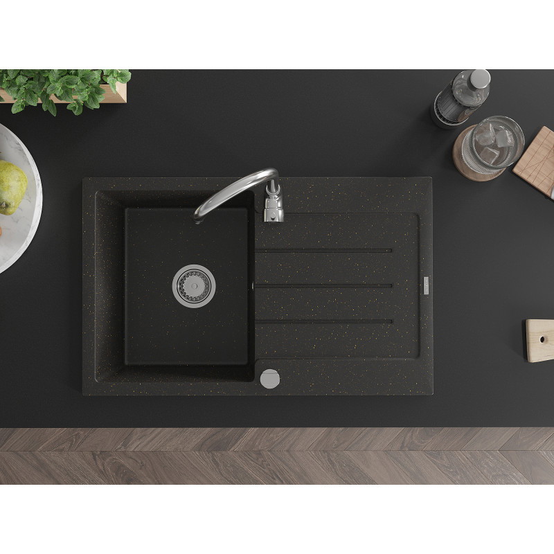 Mexen Bruno lavello in granito a 1 vasca con scolapiatti 795 x 495 mm, nero/oro metallico, sifone cromato - 6513791010-75