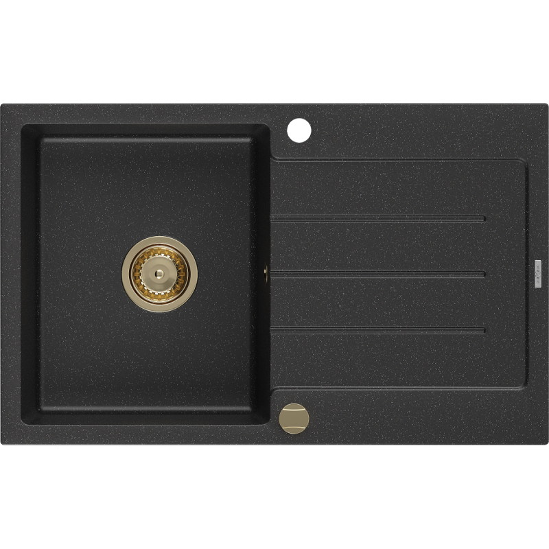 Mexen Bruno granieten gootsteen 1-kom. met afdruiprek 795 x 495 mm, zwart/zilver metallic, gouden sifon - 6513791010-73-G