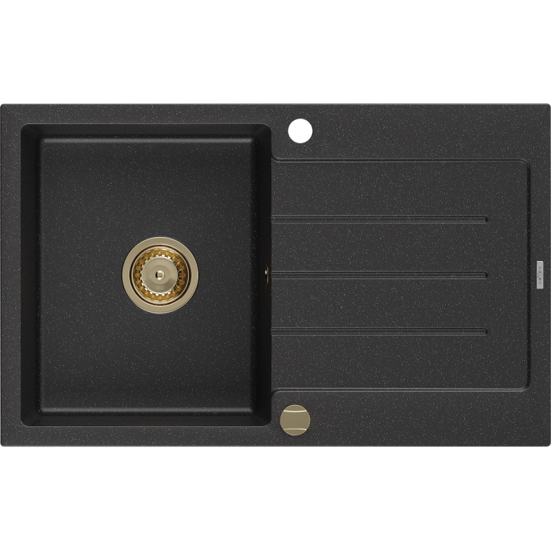 Mexen Bruno granieten gootsteen 1-komorige met afdruiprek 795 x 495 mm, zwart/zilveren metallic, gouden sifon - 6513791010-73-G