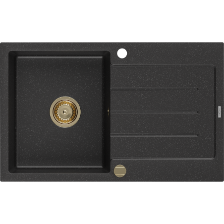 Mexen Bruno évier en granit à 1 bac avec égouttoir 795 x 495 mm, noir/argent métallique, siphon doré - 6513791010-73-G