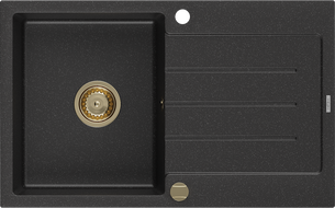 Mexen Bruno lavello in granito 1-vasca con gocciolatoio 795 x 495 mm, nero/argento metallico, sifone dorato - 6513791010-73-G