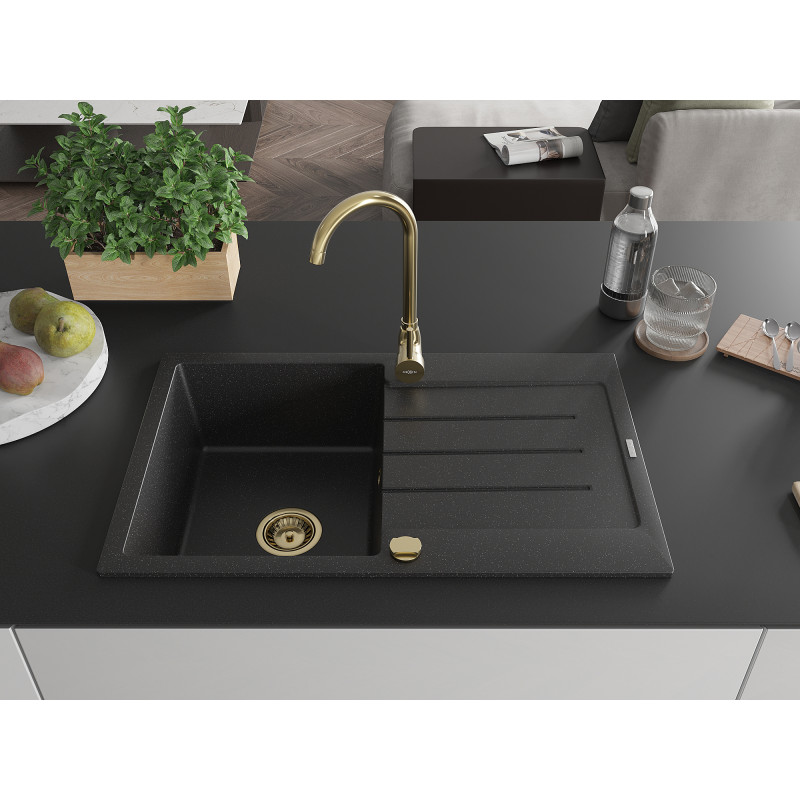 Mexen Bruno granit gootsteen 1-kompartment met afdruiprek 795 x 495 mm, zwart/zilveren metallic, gouden sifon - 6513791010-73-G